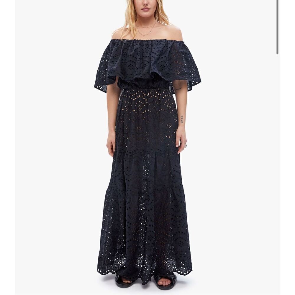 NWT Natalie Martin Naomi Eyelet With Sash Off-Shoulder Noemi Dress Black Size XS